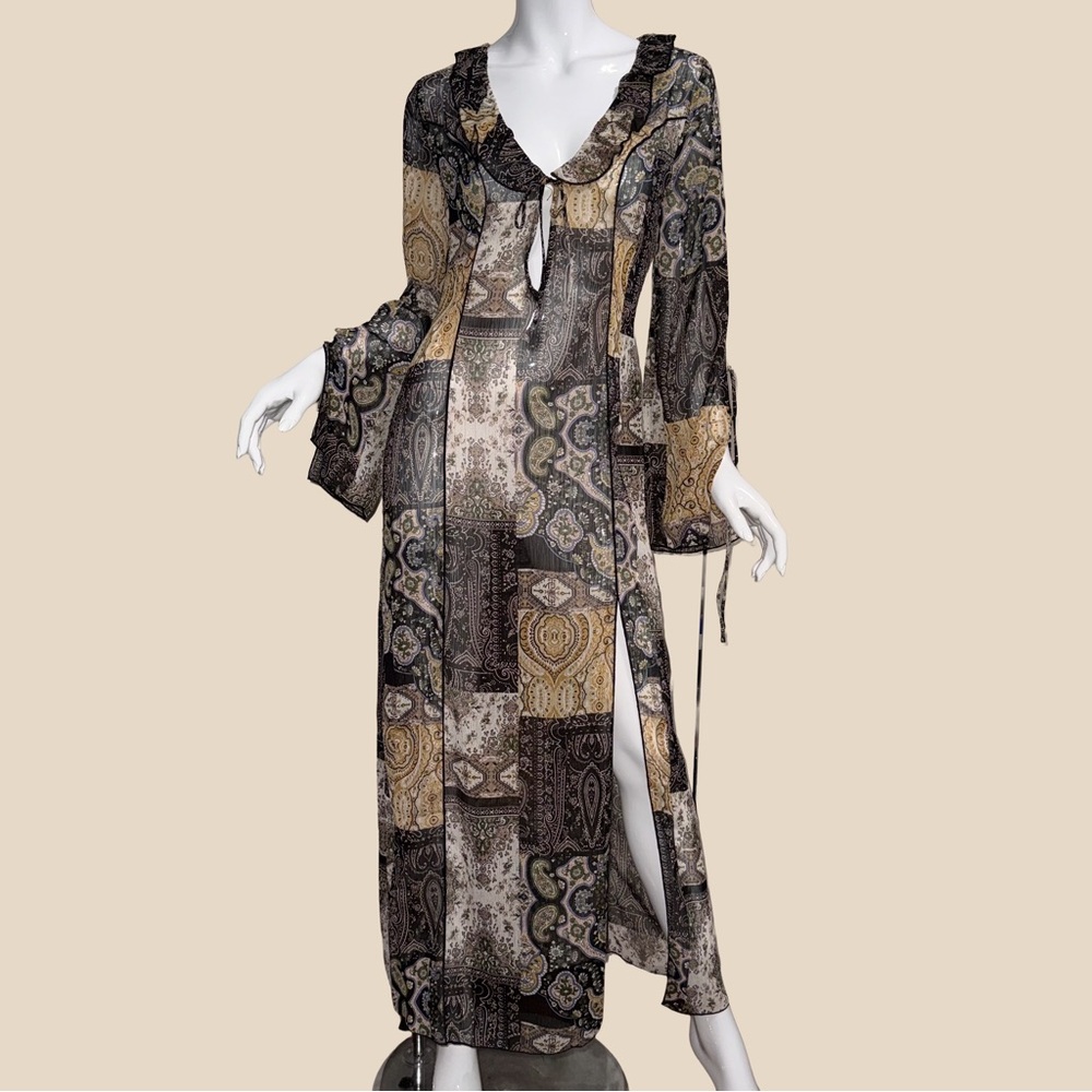 Sheer Boho Earthy Patchwork Long Sleeve Maxi Dress High Slit Dark Fairy Grunge